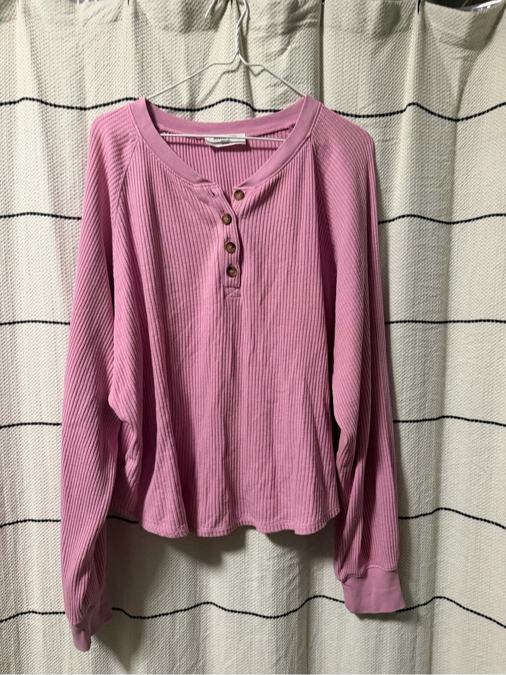 Double Zero  Pink Ribbed Henley Long Sleeve Top
